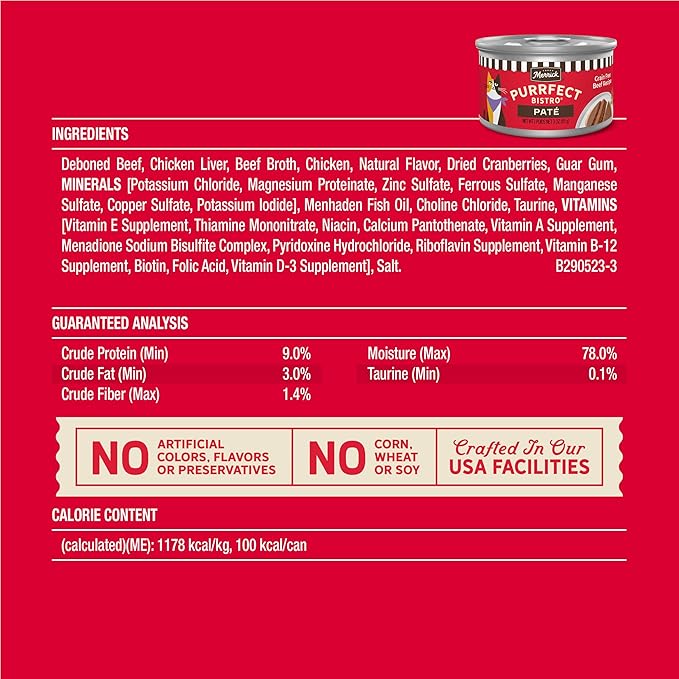 Merrick Purrfect Bistro Grain Free Premium Soft Canned Pate Adult Wet Cat Food, High Protein Beef Recipe - (Pack of 24) 3 oz. Cans