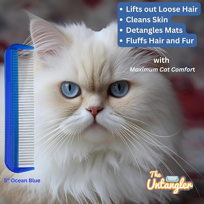 Cat Comb with Silky Smooth Rotating Teeth - Clears Mats Gently (5" Ultra Fine, 7" Dual-Spaced) (Blue, 5" Ultra Fine)