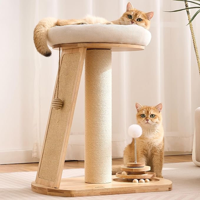 HITTITE Solid Wood Cat Tree Tower, Cat Scratching Post with Bed, 27" Small Cat Tree, Compact Cat Tower with Scratching Pad and Removable Cat Bed, Modern Cat Tower for Indoor Cats Large Adult.