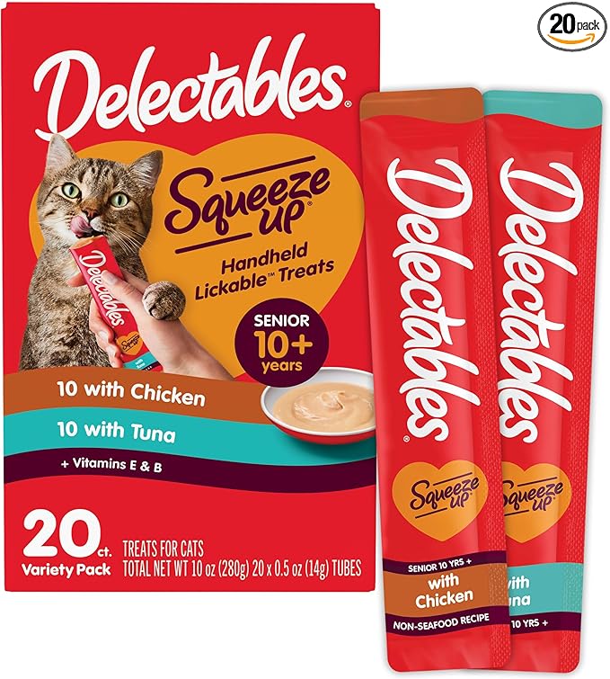 Delectables Squeeze Up Senior 10+ Variety Pack, Creamy Squeezable Puree, Lickable Wet Cat Treats, Grain-Free, No Added Fillers, 0.5 Ounces Tube, 20 Tubes Total
