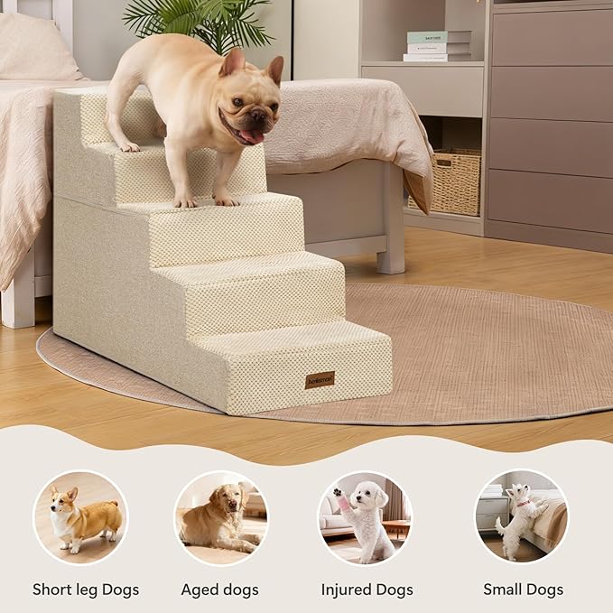 Aodisman Pet Stairs for High Bed, 5-Step Dog Stairs for Small Dogs, Indoor Non-Slip Dog Steps for Old Cats, Puppy, Small Medium Dogs,22.6" H,Beige