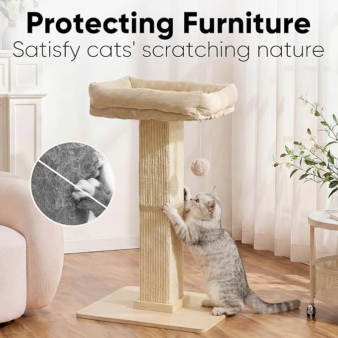 FUKUMARU Cat Scratching Post, Modern Style Tall Scratch Posts with Perch for Infoor Cats Adults, Large Cat Scratcher Tower with Bed, Small Tree with Raised Stand, Natural Sisal & Solid Wood