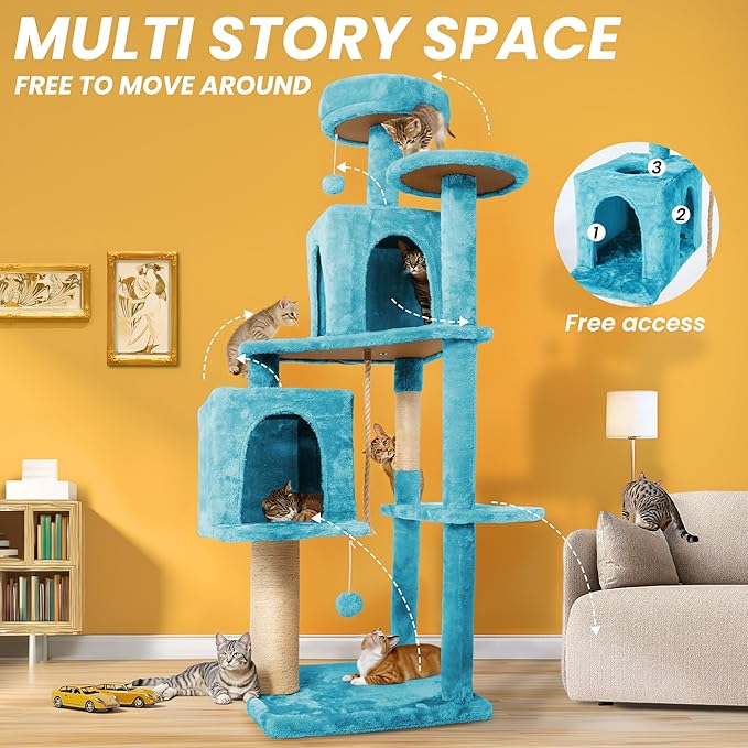 59in Large Cat Tree Tower for Indoor Cats with Soft Plush Hang Ball, Two Condos, Sisal Scratch Posts & Rope Play for Kittens/Adult Cats, Blue