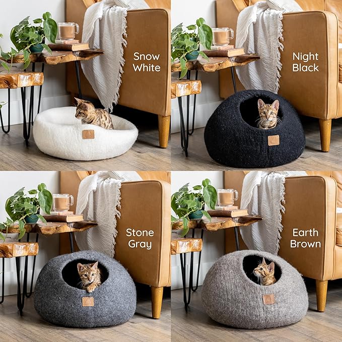 Best Aesthetic Cat Bed - Premium Felted Wool Cat Cave Bed - Cozy Peekaboo Round Cave for Large or Small Cats (Small, Snow White)