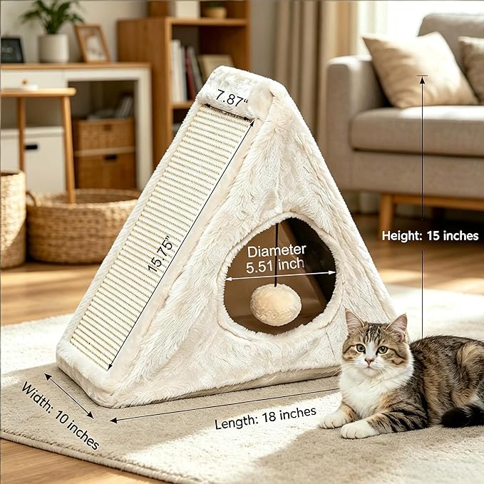 Cat Bed, 18"x10"x15.5" Creamy White Foldable Cat Beds for Indoor Cats, Cat House with Scratcher Board for Small Cats and Kittens
