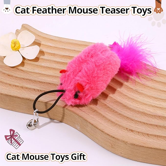 Cat Toy Refill, 2 Pack Mouse Toy with Feather Tail and Bell for Cat Wand Toy Accessories Cat Toy Attachments Replacements, 4.72” Realistic Size Mice Toy for Bored Indoor Adult Cat Self Play