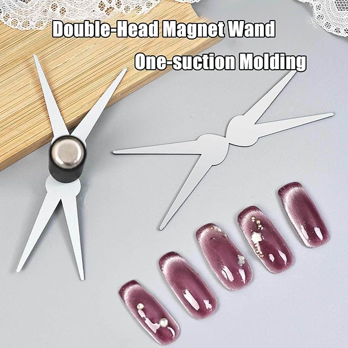 Cat Eye Gel Polish Double-Head Magnet Wand + Y Shaped Iron for French Cat Eye Effect Black Strong Cylinder Magnet Cat Eye Magnetic Bar for Home Salon Nail Art Tools