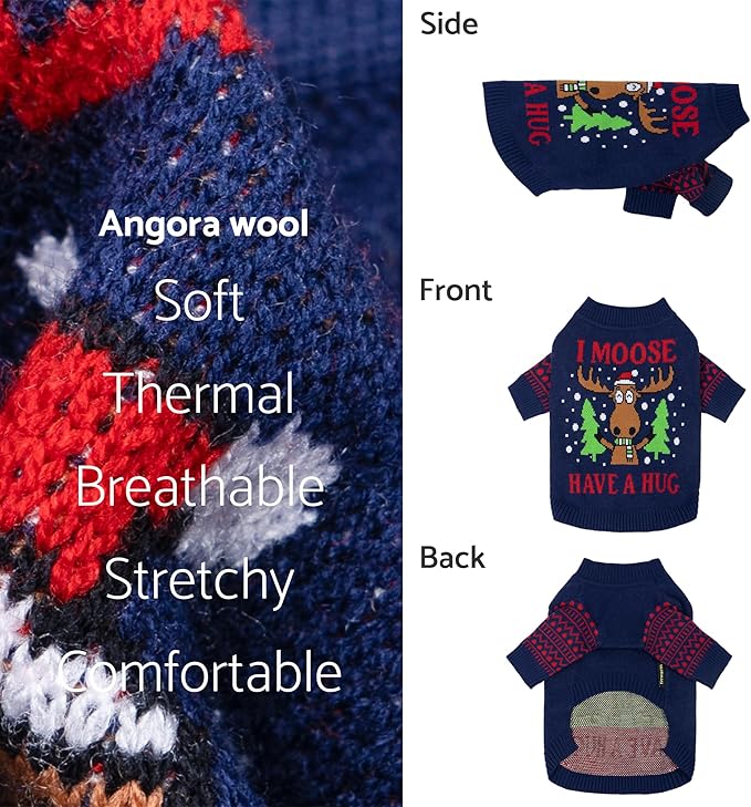 Fitwarm Funny Moose Dog Ugly Christmas Sweater, Winter Dog Clothes for Small Dogs Girl Boy, Pet Xmas Outfit, Navy, XL