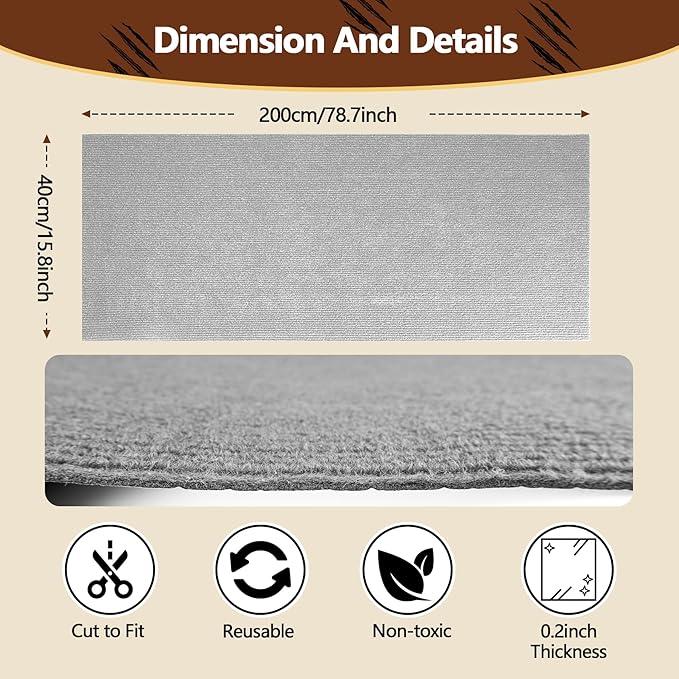 Cat Scratch Furniture Protector, 78.7"x15.8" Self Adhesive Cat Scratch Mat Pad,Cut to Fit DIY Replacement Carpet for Tree,Wall,Bed,Door, Couch Protector (Light Grey)