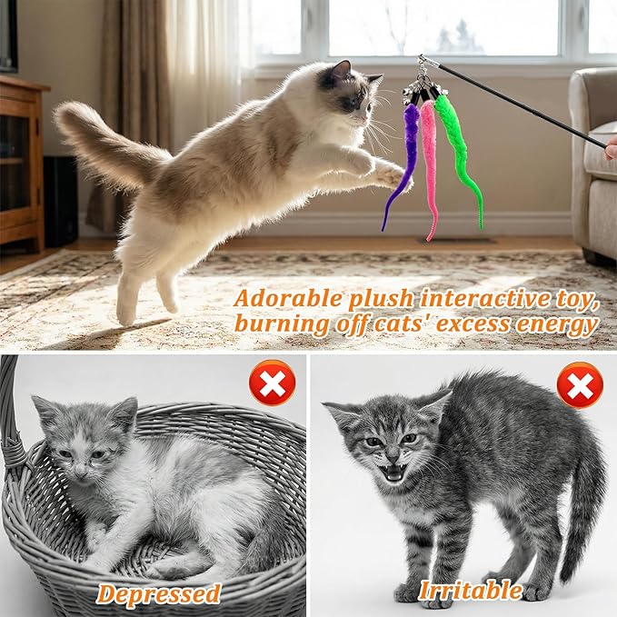 10 Pack Fuzzy Worm Cat Toy, Cat Worm Toy with Bell, Interactive Cats Wand Attachment Toys for Teaser Play and Chase Exercise with Kitten