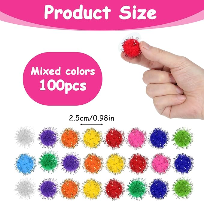 100 PCS Cat Pom Poms Balls Sparkle Cat Toy Balls 1in Soft Pom Poms Fuzzy Ball for Cats Small Plush Cats Ball Toys for Exercise and Entertainment Kitten Pet Chase InteractivePlay