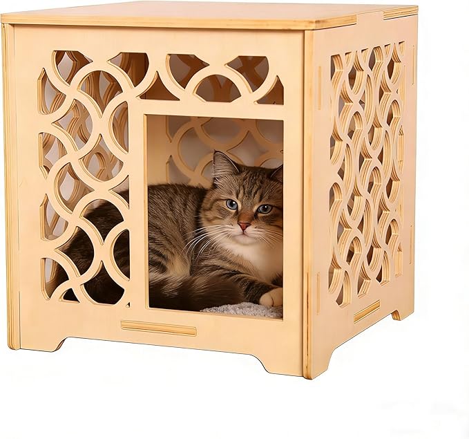 Vintage Carved Hollow Cube Cat House, Handmade Solid Wood Indoor Cat Shelter, Natural Wood Color, Easy to Assemble & Maintain, Elegant Decor for Small Cats Kittens