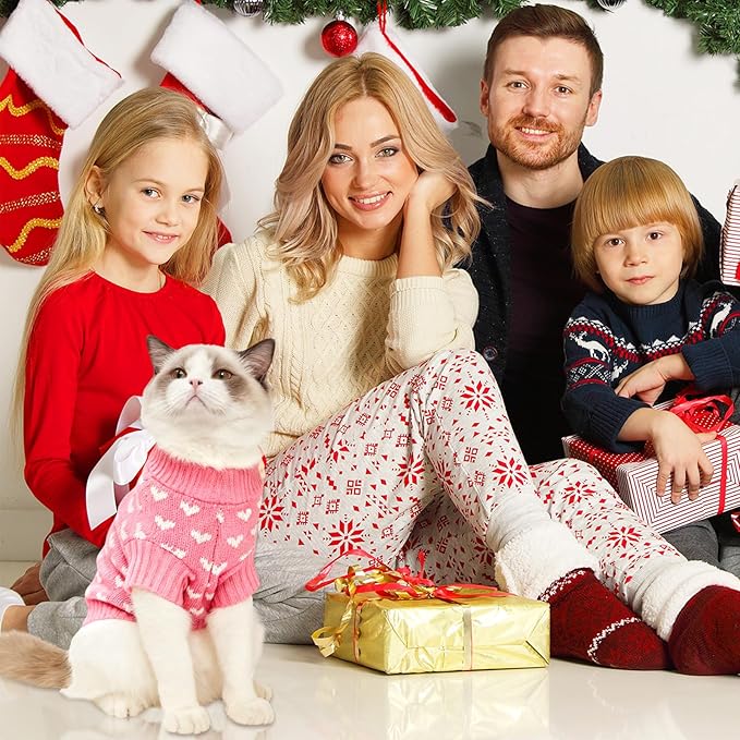Heart Knit Pet Sweater, Warm Pullover Winter Clothes for Small and Medium Dogs Cats, Soft Puppy Outfit for Cold Weather, Christmas, Valentine's Day (Pink, S (Fit 4–5 lbs, Chest 11–12", Neck 8–9"))