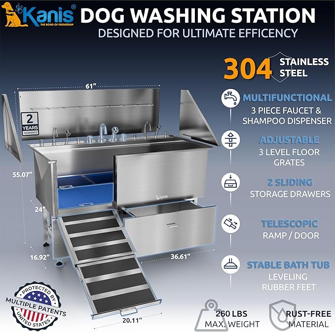 KANIS Professional Dog Washing Station 304 Stainless Steel Pet Wash Sink & Grooming Bathtub w/Shower, Floor Grates and Storage for Large, Medium & Small Pets (Silver, 61 Inches, Left Ramp, 2 Drawers)