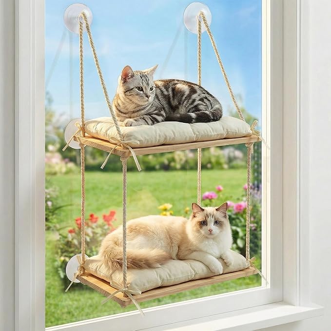 Loscarol Cat Window Perch for Large Cats, Double Layer Wooden Feline Hammock Seat with Heavy Duty Suction Cups, Easy Assembly Sill Ledge Bed for Multiple Kitties, Indoor Sunbathing Lounger