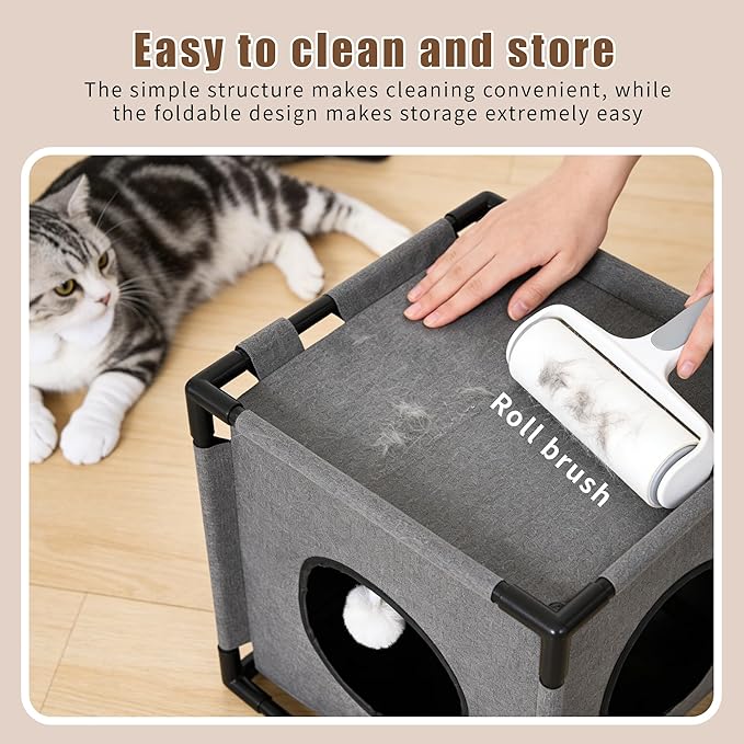 2-Story Cat House for Indoor Cats - Large Cat Cave Bed with Soft Velvet Pad and Fluffy Ball，Stable and Easy to Assemble Kitty Fort, Muti-Functional Cat Condo， Grey