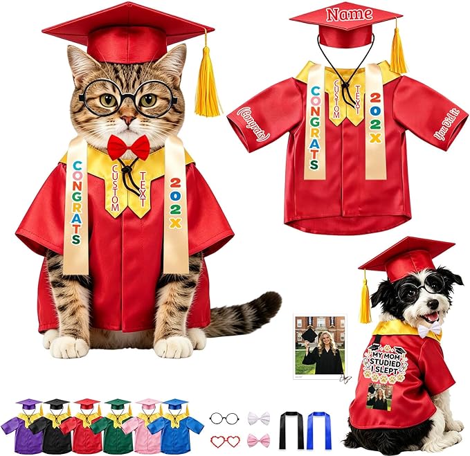 Personalized Cat Graduation Cap and Gown with Name Photo and Tassel, Custom Adjustable Pet Graduation Costume for Small Medium Large Cats Dogs Ceremony Photo Props