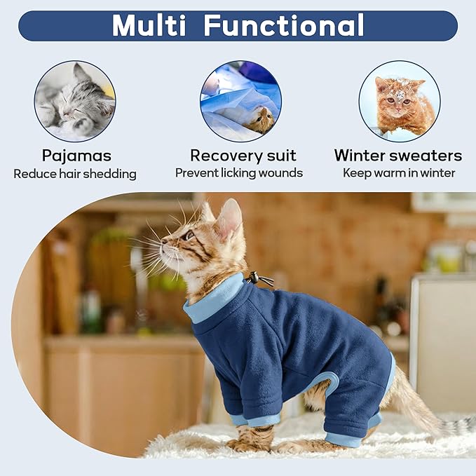 PUMYPOREITY Cat Anti-Licking Sweater – Reduce Over-Grooming & Fur Shedding, Daily Wear Shirt for Calm Cats, Soft & Breathable Skin Protection,Blue,XS