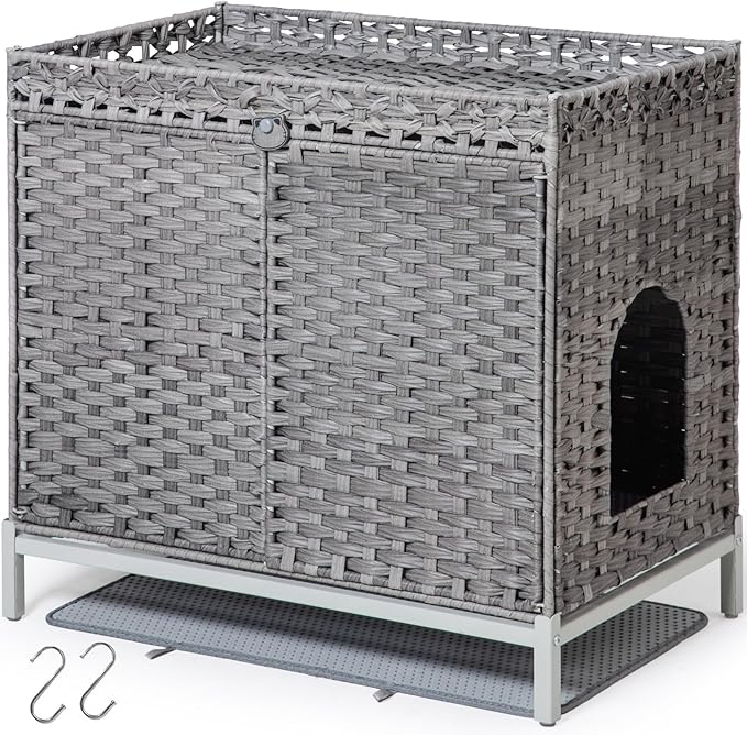 SETVSON Cat Litter Box Enclosure Furniture, Hidden Handwoven Rattan Litter Box with Mat, Large Cat House with Metal Heightened Feet, 30.3 x 18.3 x 28 Inches, Indoor for Living Room, Bedroom Gray