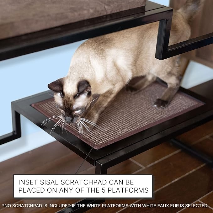 The Refined Feline 62 Inch Tall Metropolitan Cat Condo, Gray Metal Frame Cat Tower, Multi-Level Modern Cat Tree for Indoor Cats, White Platforms with Gray Replaceable Cushions & Scratching Post