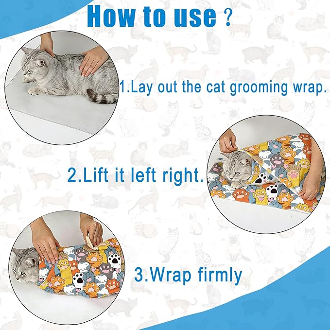 Paw Print Cat Grooming Wrap for Cutting Nails, 27.6" Cat Swaddle for Medicine, Nail Clipping, Teeth Brushing, Ear Cleaning