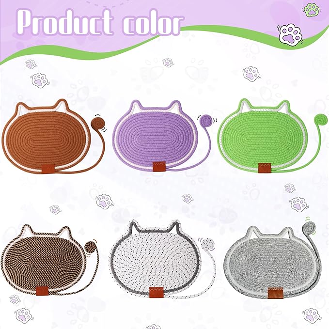 Cat Scratcher Mat Natural Cotton Rope Oval Horizontal Floor Cat Scratch Bed Pad with Ball Toy Protector for Furniture Floor Wall (Black, 2 PC)