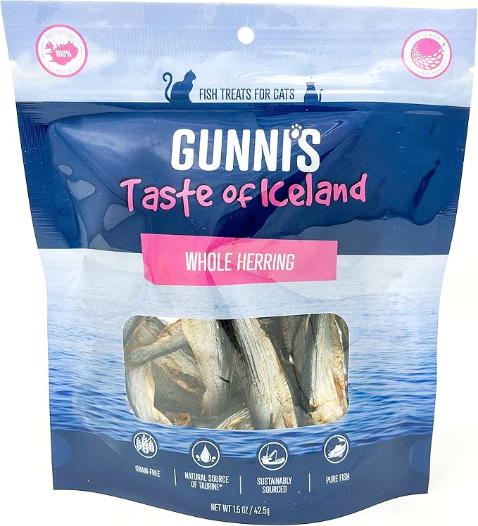 Gunnis Whole Herring Crunchy Cat Treats – 100% Natural Whole Fish, Single Ingredient, High Protein & Omega-3 Rich, Grain-Free Cat Snack, 1.5 oz Bag