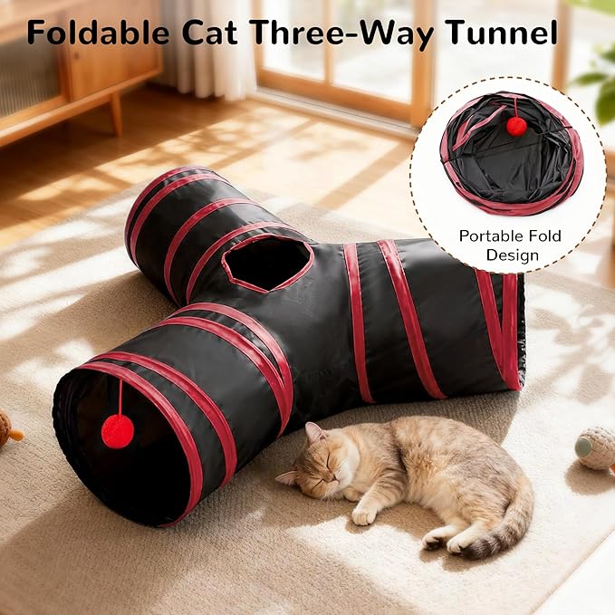 Tempcore Cat Tunnel for Indoor Cats, 3-Way Collapsible Play Tunnel with Teaser Wand, Peek Holes & Toy Ball, Small Pet Toy for Kittens & Rabbits, Black & Red
