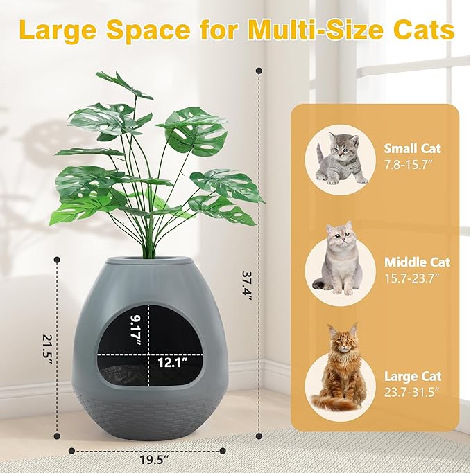 Egglao6 Plant Litter Box Furniture with 3PCS Cat Litter Box Liners Secret Kitty Enclosure with Odor Removal System, Decorative Top and Cat Litter Scoop, Quick Assembly, Extra Large (Grey)