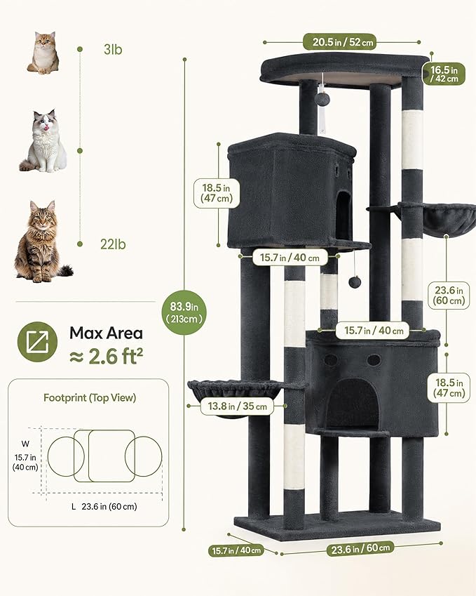 Extra Large Cat Tree, 84 Inch XXL Giant Cat Tower for Indoor Cats Large Adult 20lb+, Multi-Level Cat Climbing Condo with 5 Scratching Posts, 3 Wide Platform, 2 Baskets, 2 Cat Houses