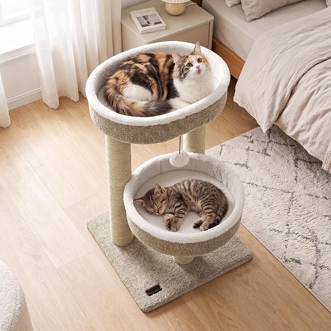 PETSITE 24-inch Small Cat Tree, Multi-Level Modern Cat Tower with Scratching Posts, 2 Comfy Cat Beds, and Interactive Hanging Ball, Ideal for Indoor Cats and Kittens (24-inch Tall)