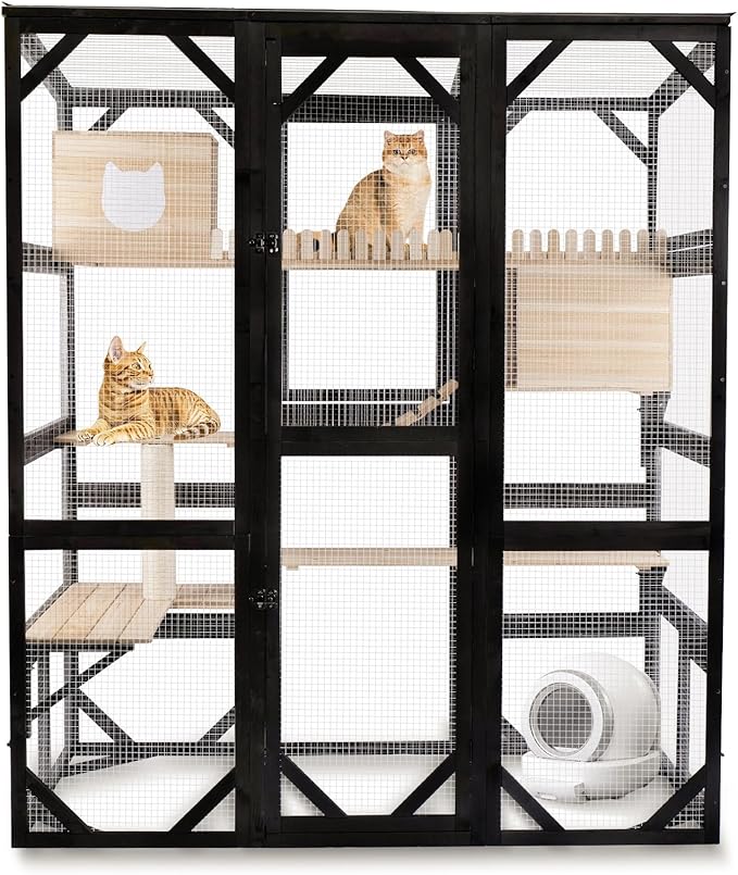FunXplore Large Catio Outdoor Cat Enclosure Window 73" H Walk-in Cat House Kitty Cage for Multiple Indoor Outdoor Cats Outside Patio with 5 Access Doors Waterproof Roof