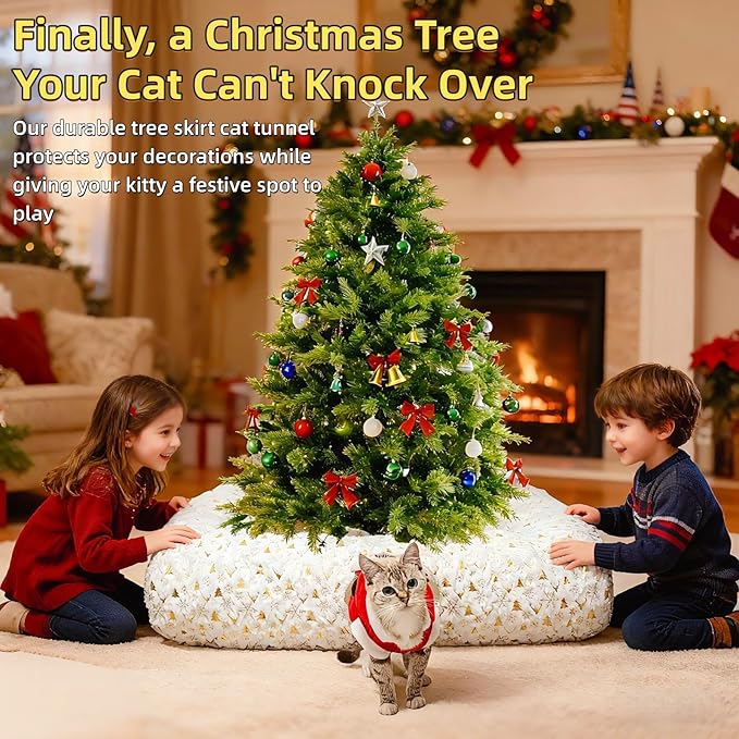 Extra Large Cat Tunnel Bed for Indoor Cats with Warm Mat, Cat Toys Cave Dount Tube for Xmas Decor White