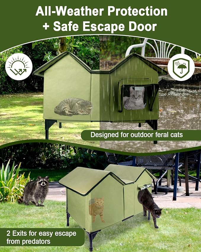 Outdoor Cat House Weatherproof, Insulated Cat Houses for Outdoor Cats, Extra Large Waterproof Feral Cat House with Escape Doors & Elevated Base, Easy Assembly, All-Weather Protection