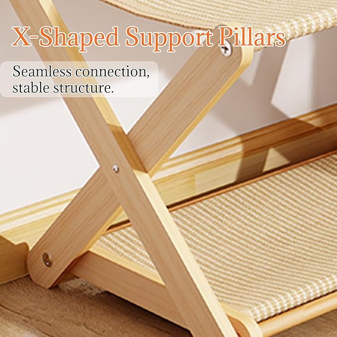 Cat Bed, Foldable Double Layer Cat Hammock X-Shape Solid Wood Cat Perch with Sisal Scratching Pad, 52x35x30cm No Assembly Cat Condo for Indoor