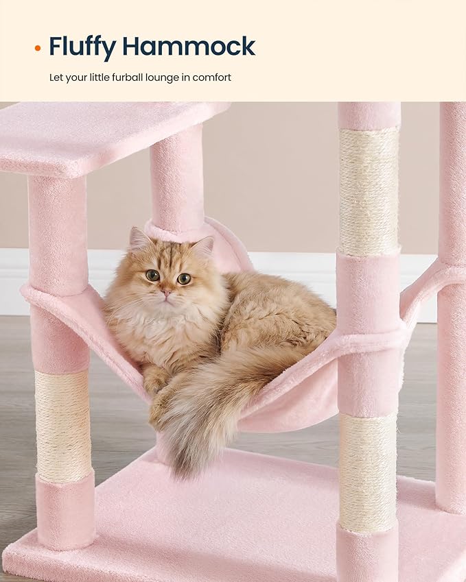 SONGMICS HOME Cat Tree for Indoor Cats, Multi-Level Cat Tower with Sisal Scratching Posts, Hammock and Condo, Pink