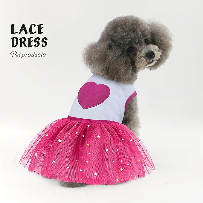 Idepet Spring Summer Pet Dog Cat Puppy Tutu Princess Dress Heart Printed Lace Dog Skirt Pet Apparel Dog Dress (Rose Red, L)