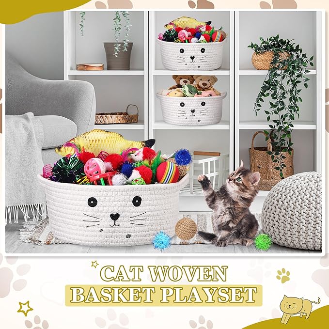 Zopeal 58 Pcs Summer Graduation Cat Storage Basket Gift Toys Set, Colorful Flashing Balls Pet Bell Crinkle Balls Spring Toys Attract Cat to Swat, Hunt, Interactive for Pet(White,9.8 Inch)