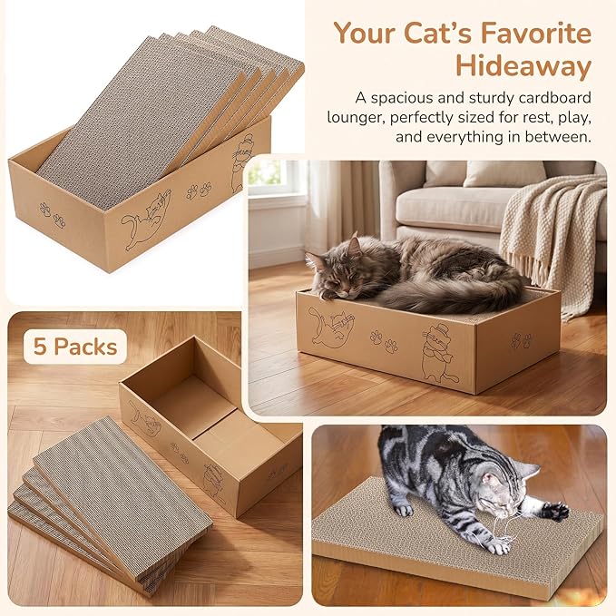 Nicunom 5 Packs in 1 Cat Scratcher with Box, Large Cat Scratching Boards Cardboard Box Reversible Cat Scratch Pads for Indoor Cats, Cat Scratch Cardboard for Rest and Play