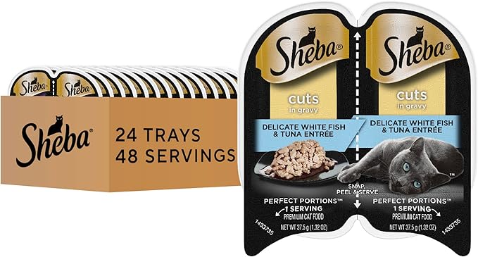 Sheba Perfect Portions Wet Cat Food Cuts in Gravy, Cat Food Wet Recipe, Delicate White Fish & Tuna, 2.6 oz. Twin-Pack Trays (24 Count, 48 Servings)