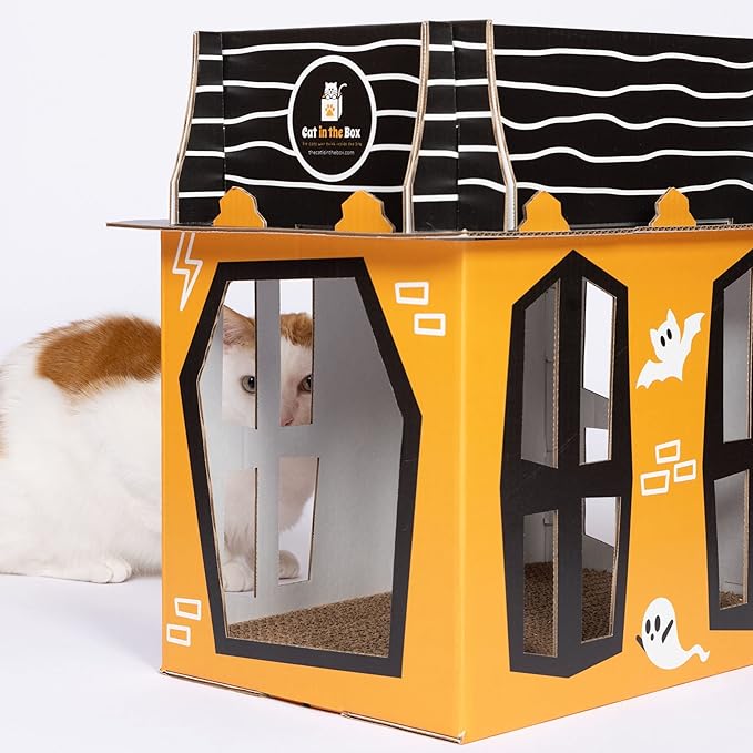 Spooky Cat Haunted House – Halloween Mansion Playhouse for Cats, Kittens, Rabbits & Bunny. Cardboard Box House Condo Cave Furniture Bed Includes Cat Scratcher
