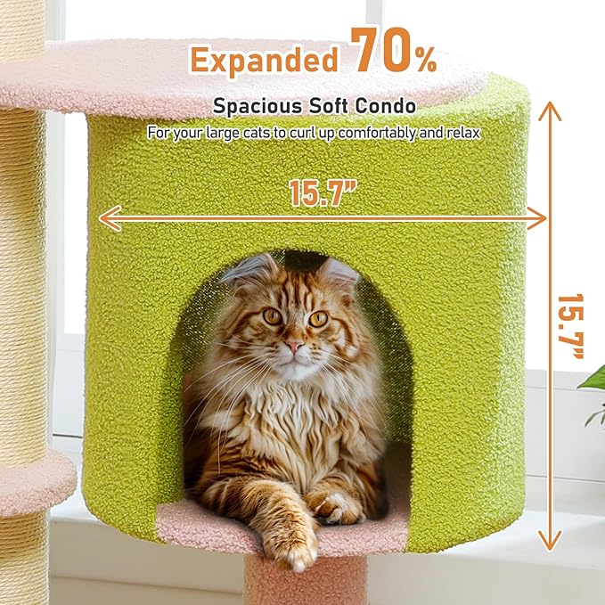 MUTTROS 50" Pink Flower Cat Tree for Large Heavy Cats, Maine Coon Cat Tower with Extra Thick Scratching Posts (φ4.3in), Spacious Cat Condo for Big Cats 20 lbs, Soft Top Bed-Green