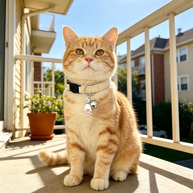 2 Pack Cotton Breakaway Cat Collars with Bell and Charms Beige Solid Plaid Safety Collars for Girl Boy Cats, Cat Head and Paw Pendant Cute Kitten Collars