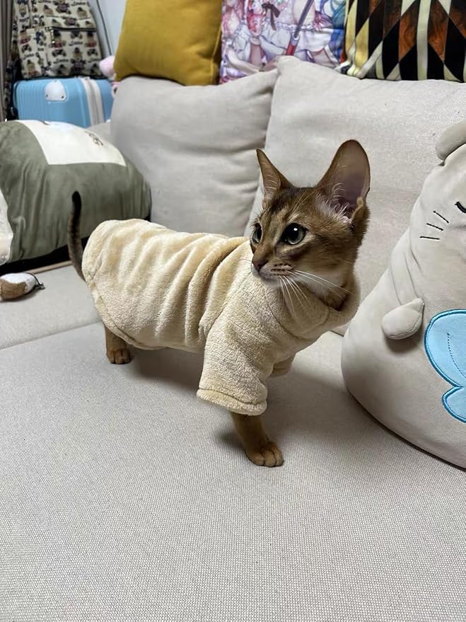 Sphynx Cat Clothes Winter Turtleneck Soft Coral Fleece Cat Clothes Thicken Warm Pajamas Coat for Hairless Cats and Small Cat Apparel with Sleeves (Apricot Yellow, XXL（12.7-16lbs）)