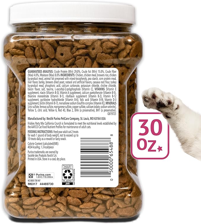 Friskies Purina Party Mix California Crunch with Chicken and Flavors of Turkey and Bacon Cat Treats - 30 oz Canister (Pack of 2)