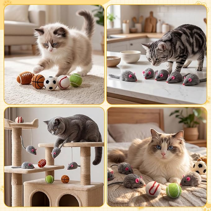 Outus 10 Pcs Cat Toys Bulk Include 5 Furry Mouse & 5 Sport Themed Pom Pom Balls for Cat and Kitty Mice Toys Felt Wool Ball Soft Quiet Interactive Catch Without Catnip for Yard Apartment Indoor Outdoor