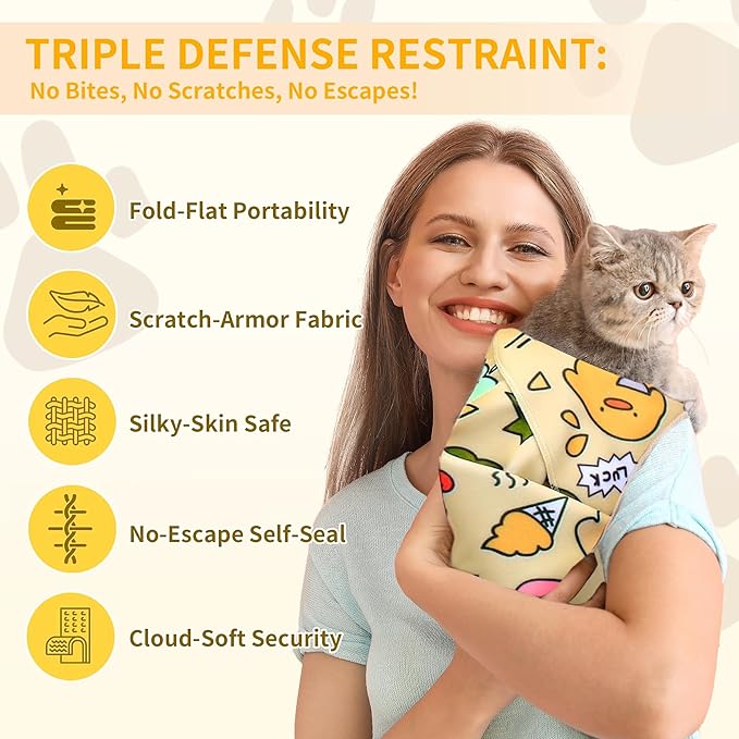 Cat Wrap, Soft and Comfortable Cat Wrap for Cutting Nails, Multifunctional Grooming Wrap for Stress-Free Nail Trimming, Yellow L-27.6inch (Within 11lbs)