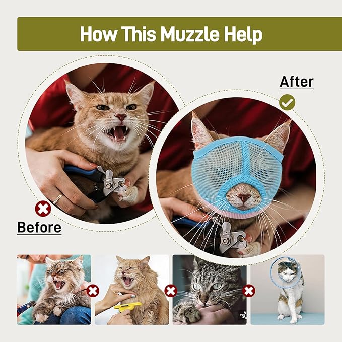 Pezluxe 2pcs Cat Muzzle for Grooming & Nail Trimming, Breathable Mesh Muzzles to Prevent Biting Chewing Scratching, Soft Cat Mouth Guard for Bathing Vet Visits (Blue, S)