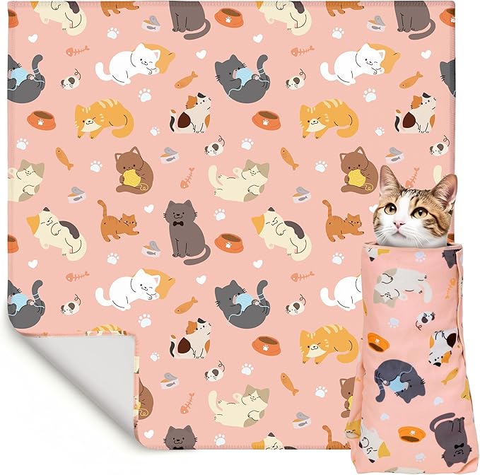 EYxsaxenk 27.6" Cat Grooming Wrap - Pink Self-Adhesive Cat Restraint Wrap Cutting Nails Blanket Anti-Scratch Anti-Escape Cloth Multifunctional Swaddle Pet Tool for Pet Cleaning & Beauty (Within 15lbs)