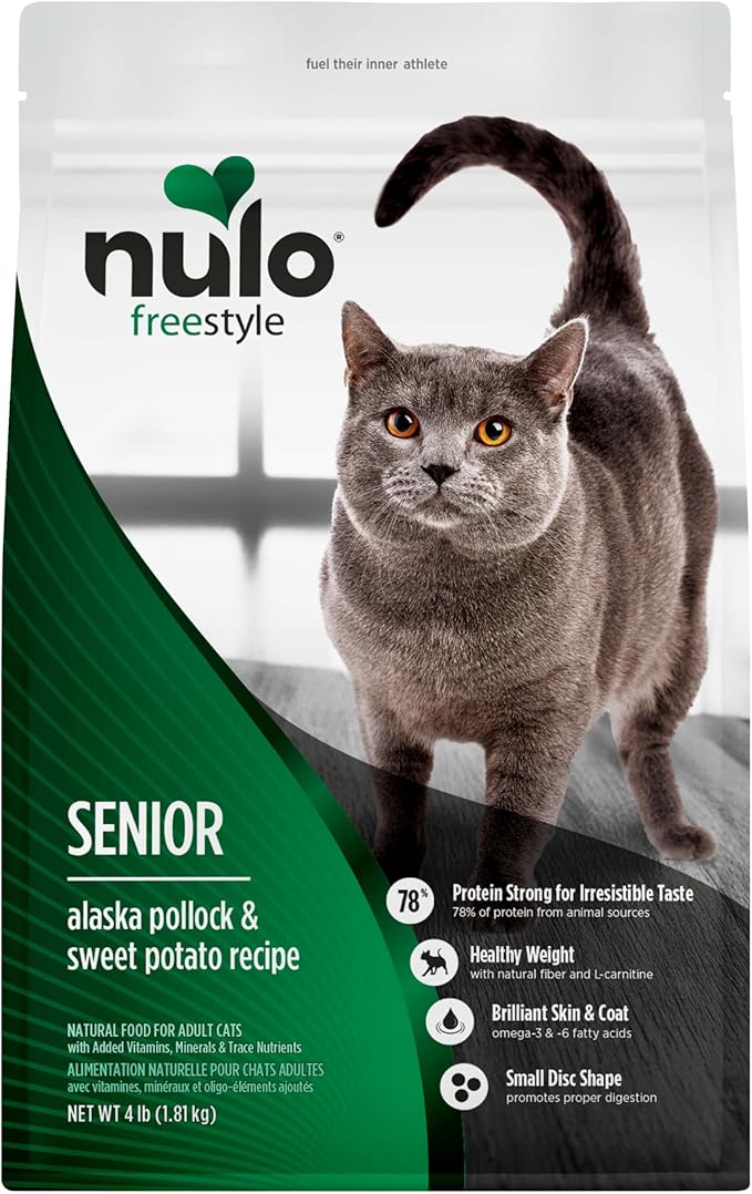 Nulo FreeStyle Senior Dry Cat Food - Alaska Pollock & Sweet Potato, High Protein, Natural Grain Free Cat Food with Probiotics and L-Carnitine, 4lb Bag